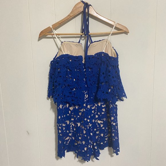 NWT J.O.A Los Angeles Romper Halter Neck Cobalt Blue Lace Size Small - Picture 9 of 16